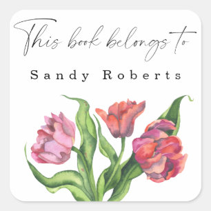 Sticker Carré Fleurs aquarelles - Ce livre appartient à