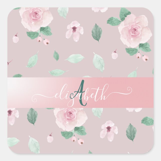 Sticker Carré Fleurs aquarelles chic monogramme (Devant)