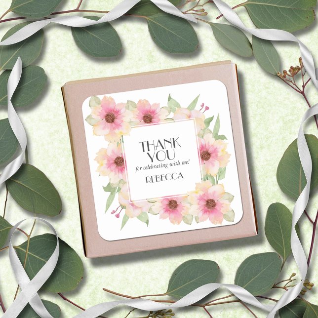 Sticker Carré Fleurs aquarelles rose tendre Merci (3" square stickers with yellow and pink blush flowers, thank you and your name)