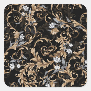 Sticker Carré Fleurs baroques classiques : arrière - plan noir.