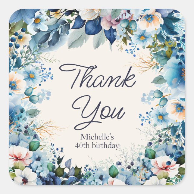 Sticker Carré Fleurs blanches bleues pour la fête d'anniversaire (Devant)
