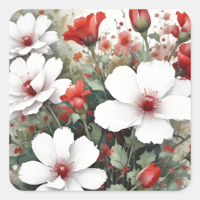 Sticker Carré Fleurs blanches et rouges Elégante aquarelle (Devant)