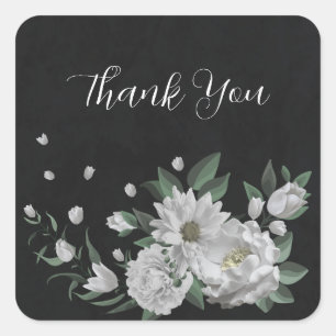Sticker Carré fleurs blanches romantiques & feuilles verts noir