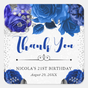 Sticker Carré Fleurs Bleu et Argent Aquarelle Anniversaire