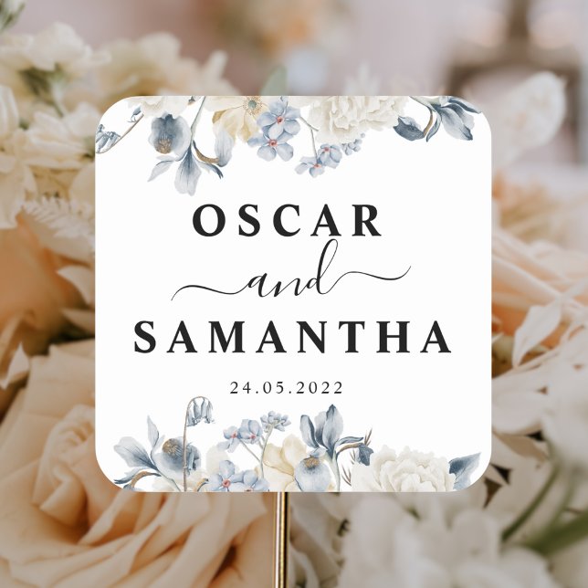 Sticker Carré Fleurs Bleues Et Blancs D'Hiver Élégantes (Créateur téléchargé)