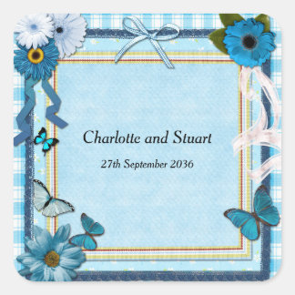 Sticker Carré Fleurs bleues et papillons