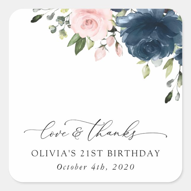 Sticker Carré Fleurs Bleues Marine, Fleurs Roses, Boho, Annivers (Devant)