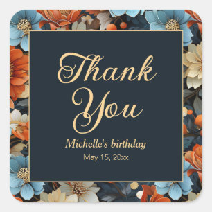 Sticker Carré Fleurs bleues orange Fête d'anniversaire Merci Noi