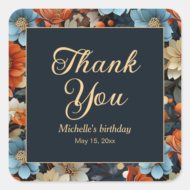 Sticker Carré Fleurs bleues orange Merci d'anniversaire noir (Devant)