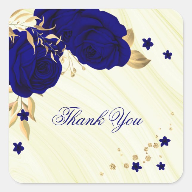 Sticker Carré fleurs bleues royales & or marbre feuille (Devant)