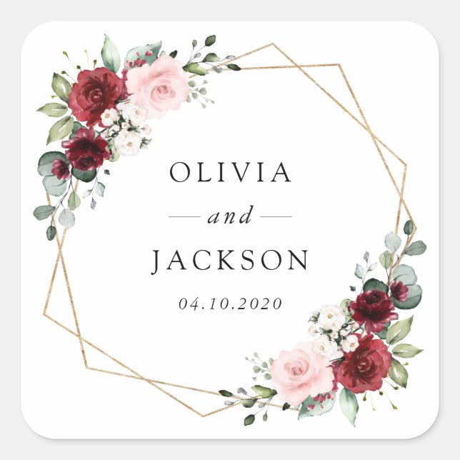 Sticker Carré Fleurs Bourgogne, Fleurs roses, Verdure, Mariage (Devant)