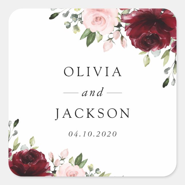 Sticker Carré Fleurs Bourgogne, Fleurs roses, Verdure, Mariage (Devant)