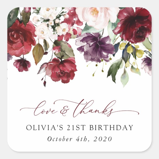 Sticker Carré Fleurs Bourgognes, Fleurs Roses, Boho, Anniversair (Devant)