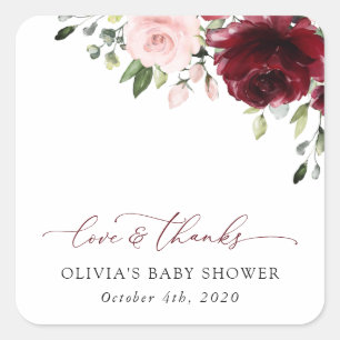 Sticker Carré Fleurs Bourgognes, Fleurs Roses, Boho, Baby shower