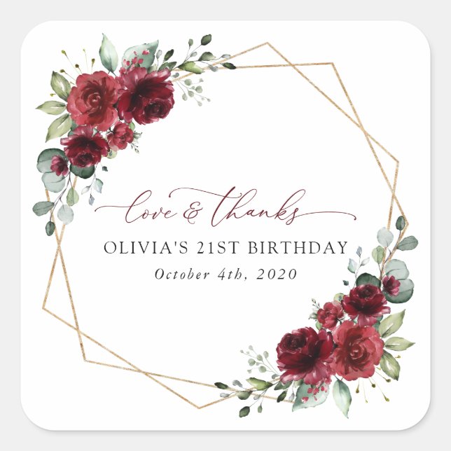 Sticker Carré Fleurs Bourgognes, Fleurs Rouges, Boho, Anniversai (Devant)