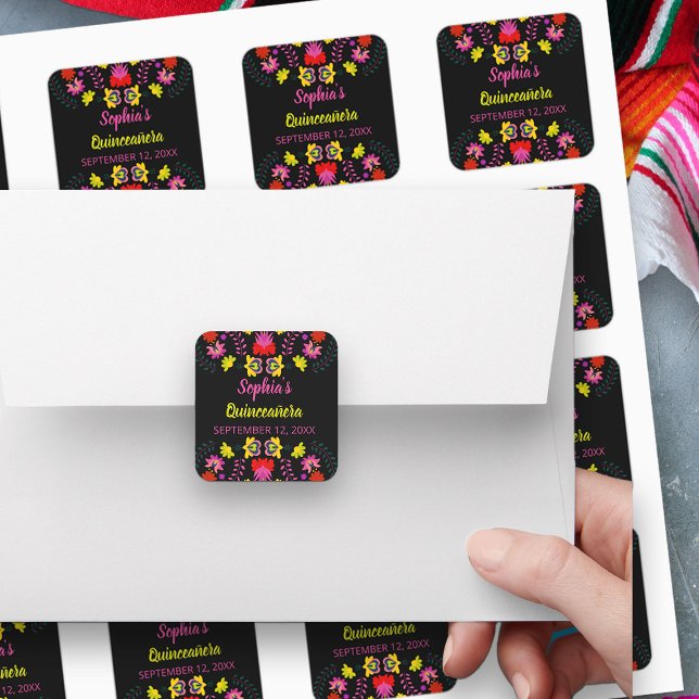 Sticker Carré Fleurs colorées de la fête de la Fiesta mexicaine  (Stickers, envelope seals, cupcake toppers .. from my Mexican Fiesta Party Quinceanera Collection 
)