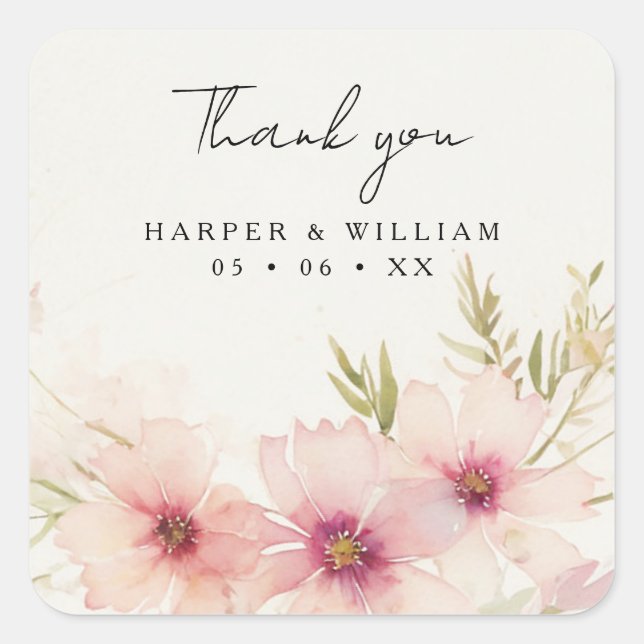 Sticker Carré Fleurs cosmos roses mariage merci (Devant)