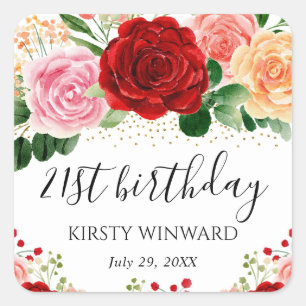 Sticker Carré Fleurs d'anniversaire Roses Rouges et Jaunes Aquar
