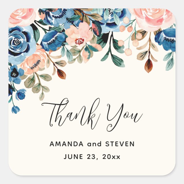 Sticker Carré Fleurs d'aquarelle rose et bleu Mariage Merci (Devant)