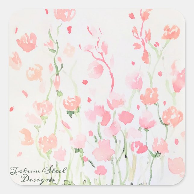 Sticker Carré Fleurs d'aquarelle rose et verte délicates (Devant)