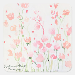 Sticker Carré Fleurs d'aquarelle rose et verte délicates
