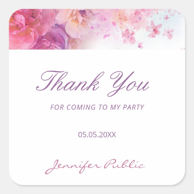 Sticker Carré Fleurs d'aquarelle Roses Écriture manuelle Merci (Devant)