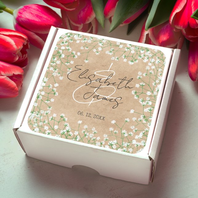 Sticker Carré Fleurs de Baby's Breath Élégant Mariage Bohème Rus (Créateur téléchargé)