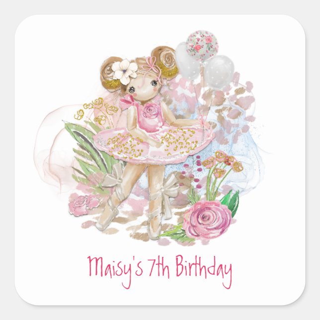 Sticker Carré Fleurs de Ballerina Fille rose 7e fête d'anniversa (Devant)