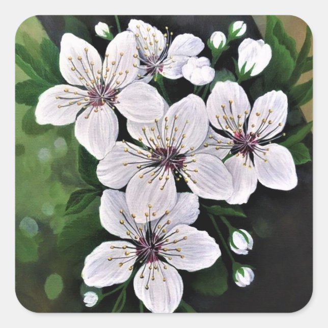 Sticker Carré Fleurs De Cerise Blanche Art En Acrylique (Devant)