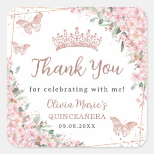 Sticker Carré Fleurs de cerisier Papillon Or Rose Quinceanera