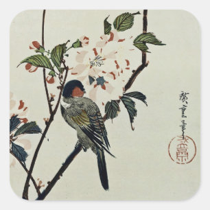 Sticker Carré Fleurs de cerisiers et petits oiseaux