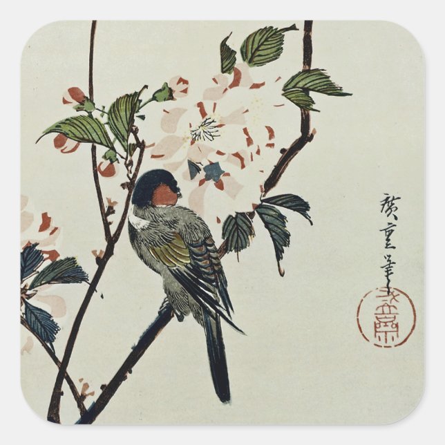 Sticker Carré Fleurs de cerisiers et petits oiseaux (Devant)