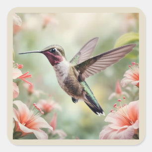 Sticker Carré Fleurs de colibri Art aquarelle