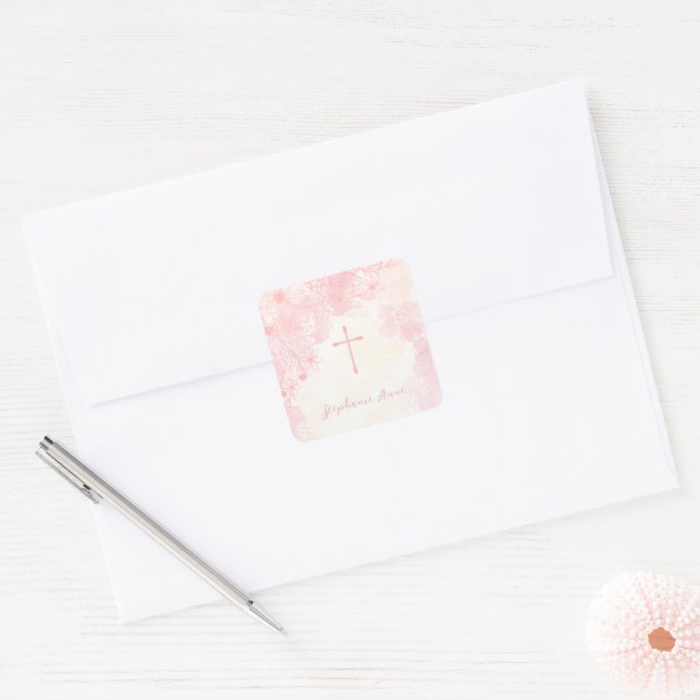Sticker Carré Fleurs de communion Aquarelles roses (Enveloppe)