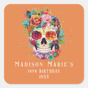 Sticker Carré Fleurs de Crâne de Sucre Appelant l'Anniversaire d