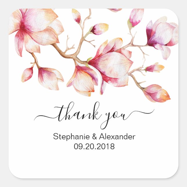 Sticker Carré Fleurs de Magnolia rose Aquarelle (Devant)