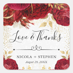 Sticker Carré Fleurs de mariage à l'aquarelle rouge et or