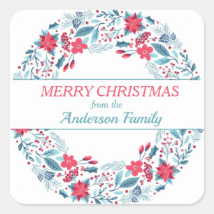 Sticker Carré Fleurs de Noël Turquoises rouges Wreath