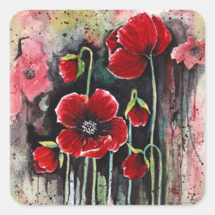 Sticker Carré Fleurs De Pavot En Aquarelle
