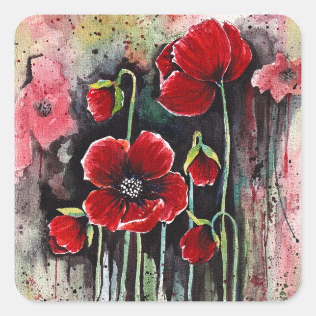 Sticker Carré Fleurs De Pavot En Aquarelle (Devant)