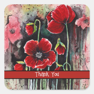 Sticker Carré Fleurs De Pavot En Aquarelle