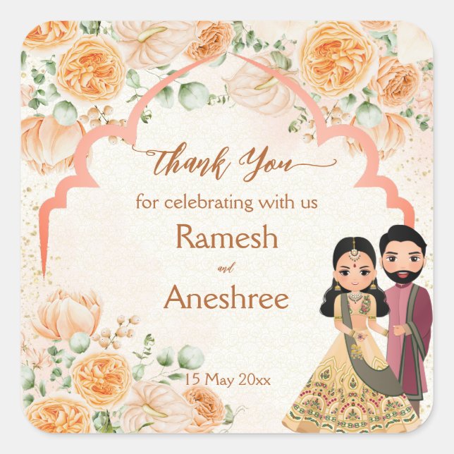 Sticker Carré Fleurs de pêche mignonne couple de mariée indienne (Devant)