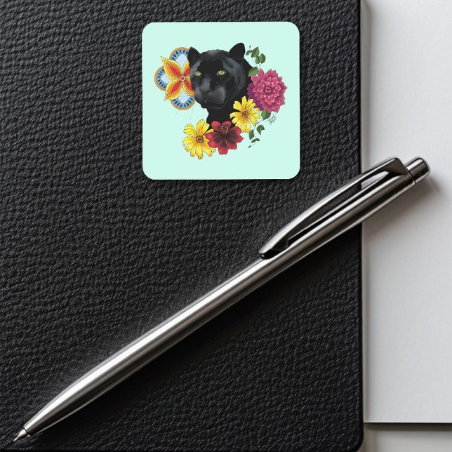 Sticker Carré Fleurs de Portrait Jaguar Noir (Créateur téléchargé)