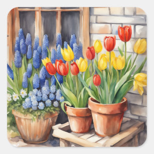 Sticker Carré Fleurs de printemps à l'aquarelle Tulipes Hyacinth