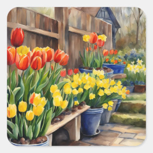Sticker Carré Fleurs de printemps à l'aquarelle Tulipes Jonquill