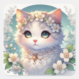 Sticker Carré Fleurs de printemps blanches Princess Cat
