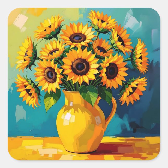 Sticker Carré Fleurs de soleil jaunes dans un vase jaune (Devant)