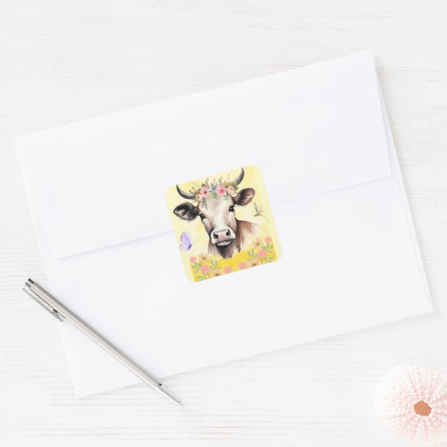Sticker Carré Fleurs de vache aquarelle dans un pré (Enveloppe)