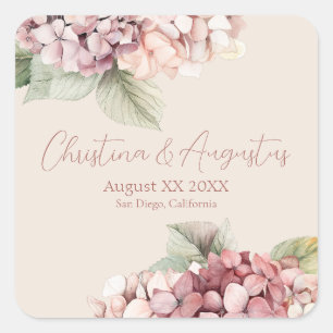 Sticker Carré Fleurs d'hortensia à l'aquarelle rose romantique e