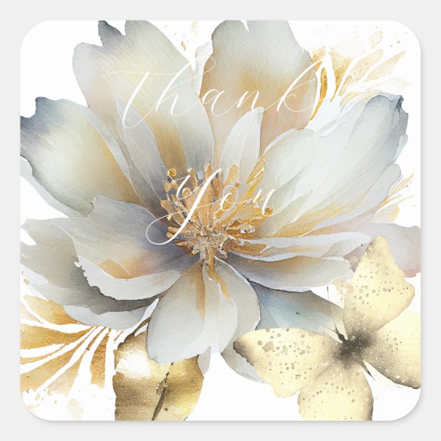 Sticker Carré Fleurs d'or blanc romantique merci (Devant)